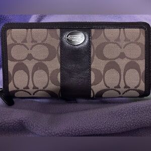 Coach Signature Brown and tan long zippered Wallet